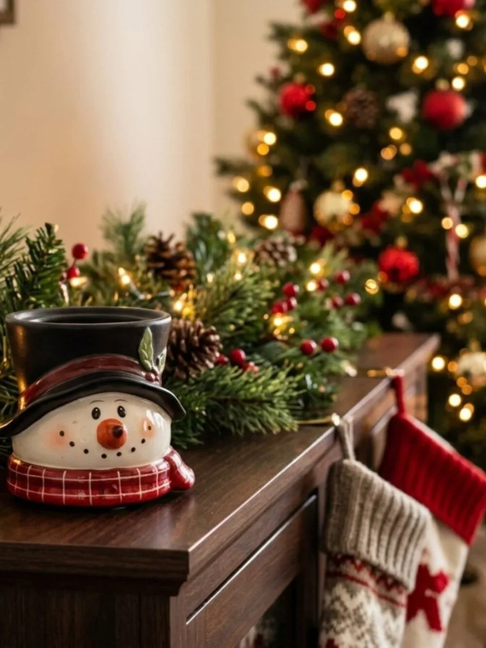 Snowman Electric Jar Candle Warmer Ceramic Christmas Top Hat Holly 4” Opening